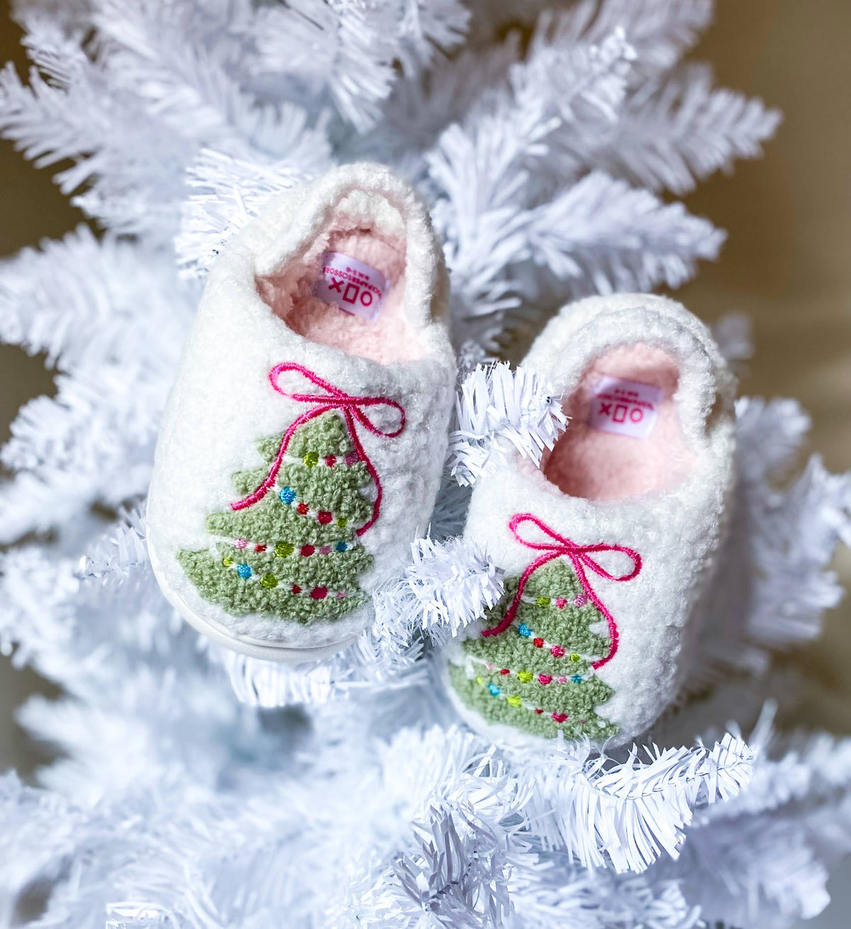 Toddler Pink Bow Christmas Tree slippers - Savannah Creations