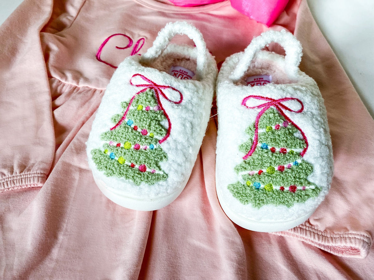 Toddler Pink Bow Christmas Tree slippers - Savannah Creations