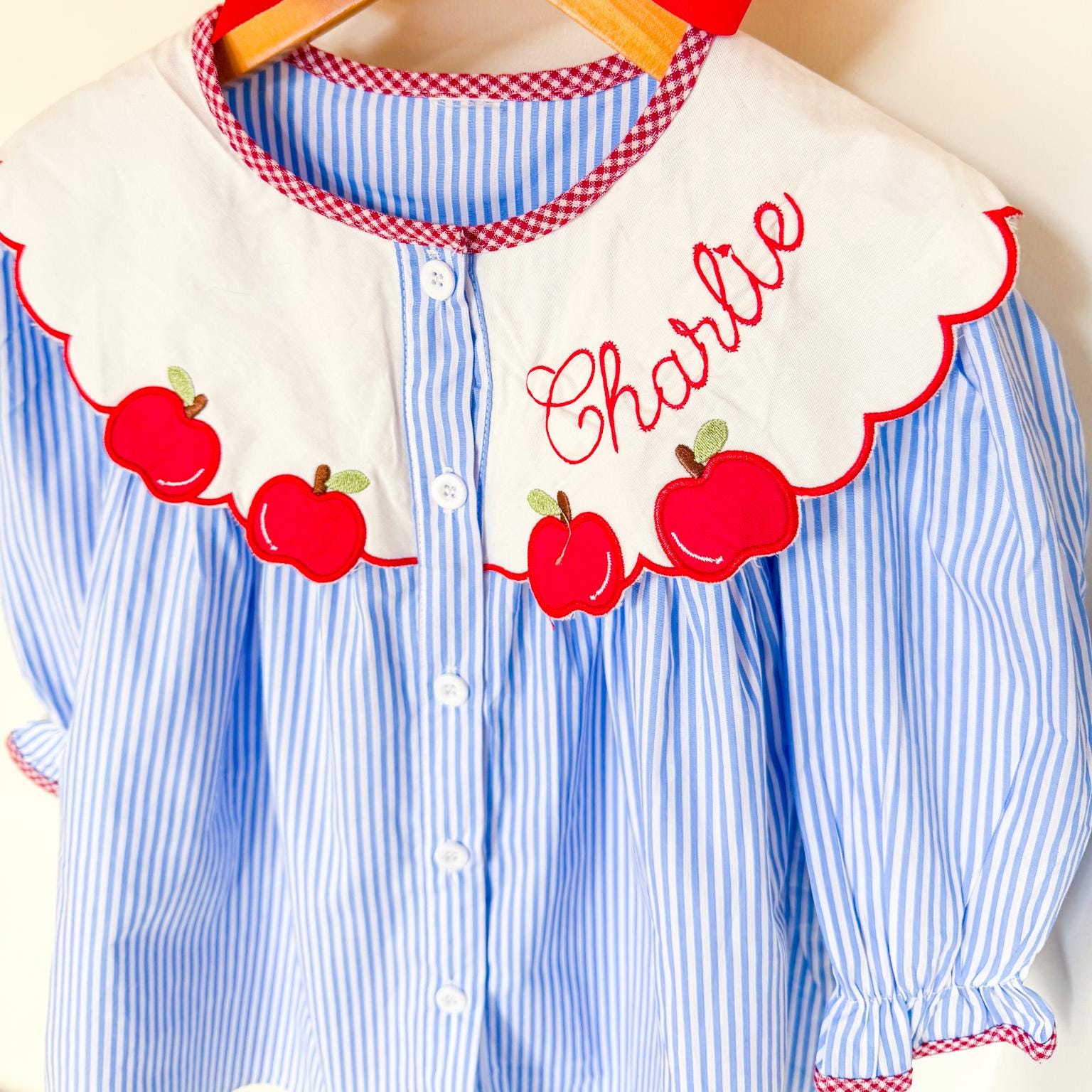 Personalized Apple Embroidered Girls Dress | Back to School Outfit | Classic Blue Stripe Dress