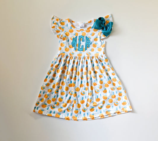 Girls Monogrammed Summer Orange Dress With Matching Bow, Summer Dress, Cozy, Custom, Birthday Gift, Party Dress