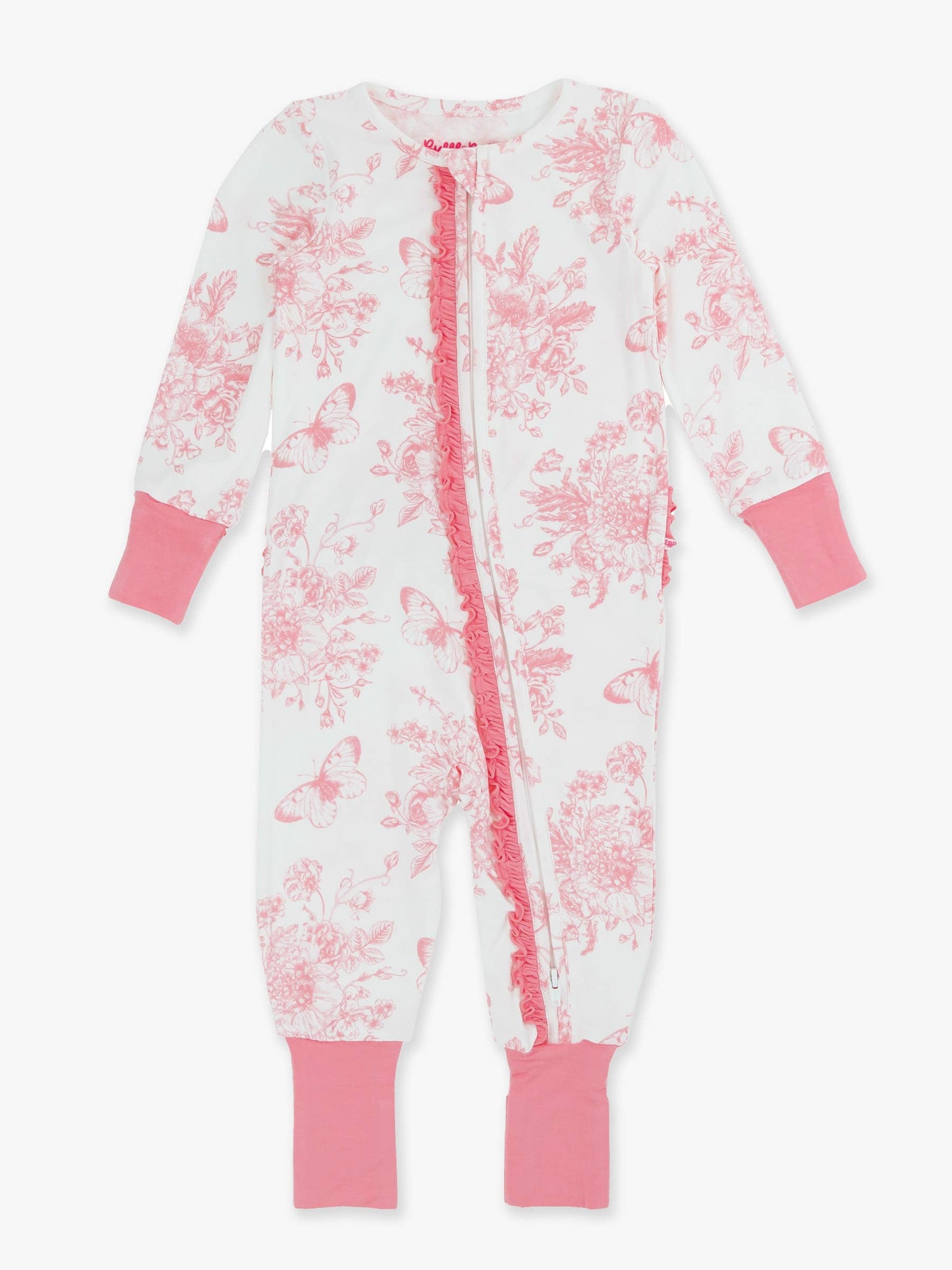 Baby Girls Bamboo Viscose Pink Butterfly Garden Toile Convertible Ruffle One Piece Footie Pajama