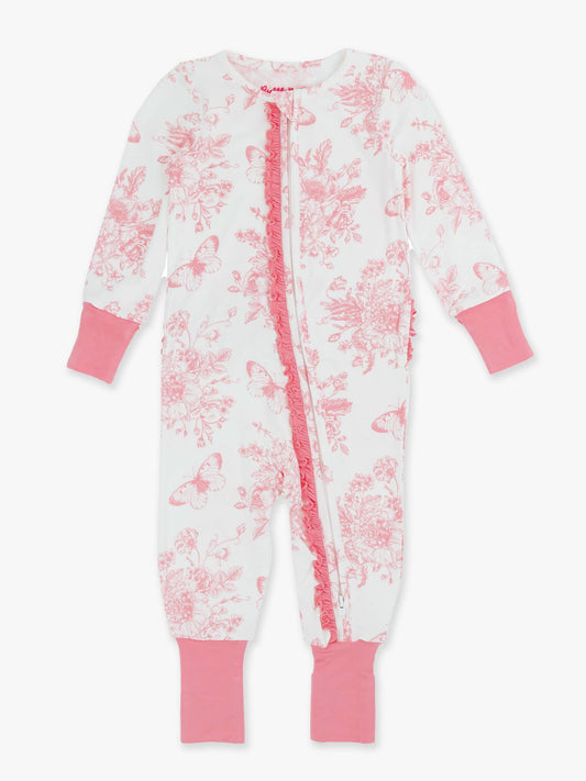 Baby Girls Bamboo Viscose Pink Butterfly Garden Toile Convertible Ruffle One Piece Footie Pajama