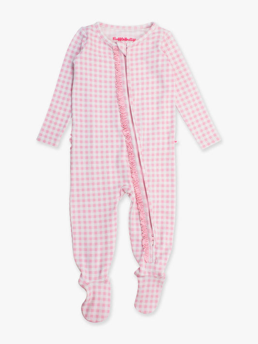 Baby Girls Cotton Modal Pink Gingham Footed Ruffle One Piece Pajama