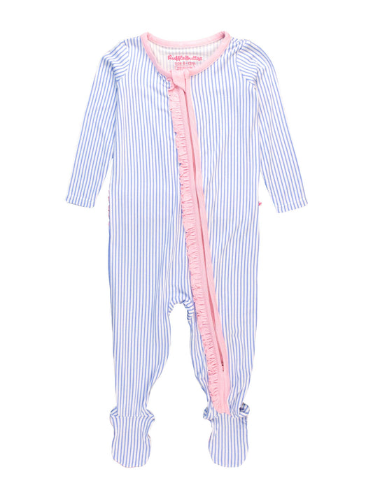 Baby Girls Bamboo Viscose Periwinkle & White Micro Stripe Footed Ruffle One Piece Pajama