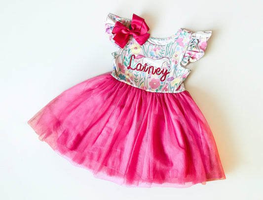 Girl's Monogrammed Summer Dress, Birthday Dress, Pink Tutu Skirt with Embroidered Name, Unicorn and Flower Tutu Dress with Matching Bow