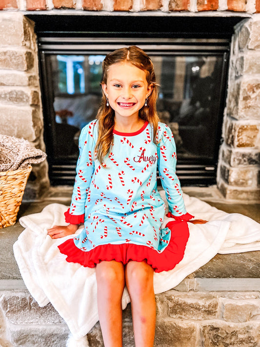 Girl's Candy Cane Ruffle Style Christmas Gown, Matching Family Pajamas, Cotton