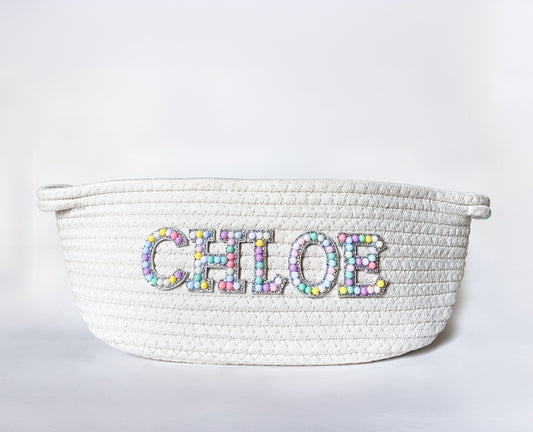 Girl's Monogrammed Cotton Rope Basket with Name, Pastel Jewel Letters, Back to School Basket, Baby Shoer Gift, Birthday Gift, Organization