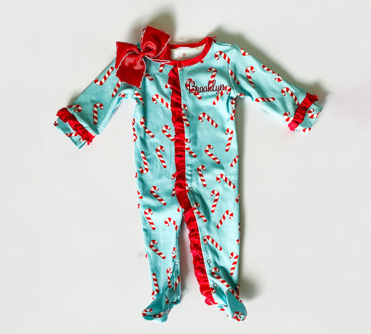 Baby Girl Candy Cain Print Ruffle Christmas Pajamas