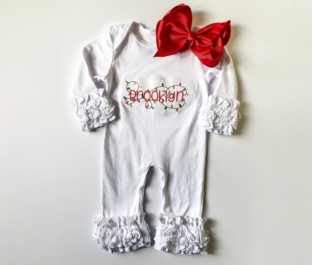Toddler Baby Girl Monogrammed Christmas Bodysuit, Ruffle Cuff, Cute Christmas Lights Design, Customized Outfit, Babys First Christmas - Savannah Creations