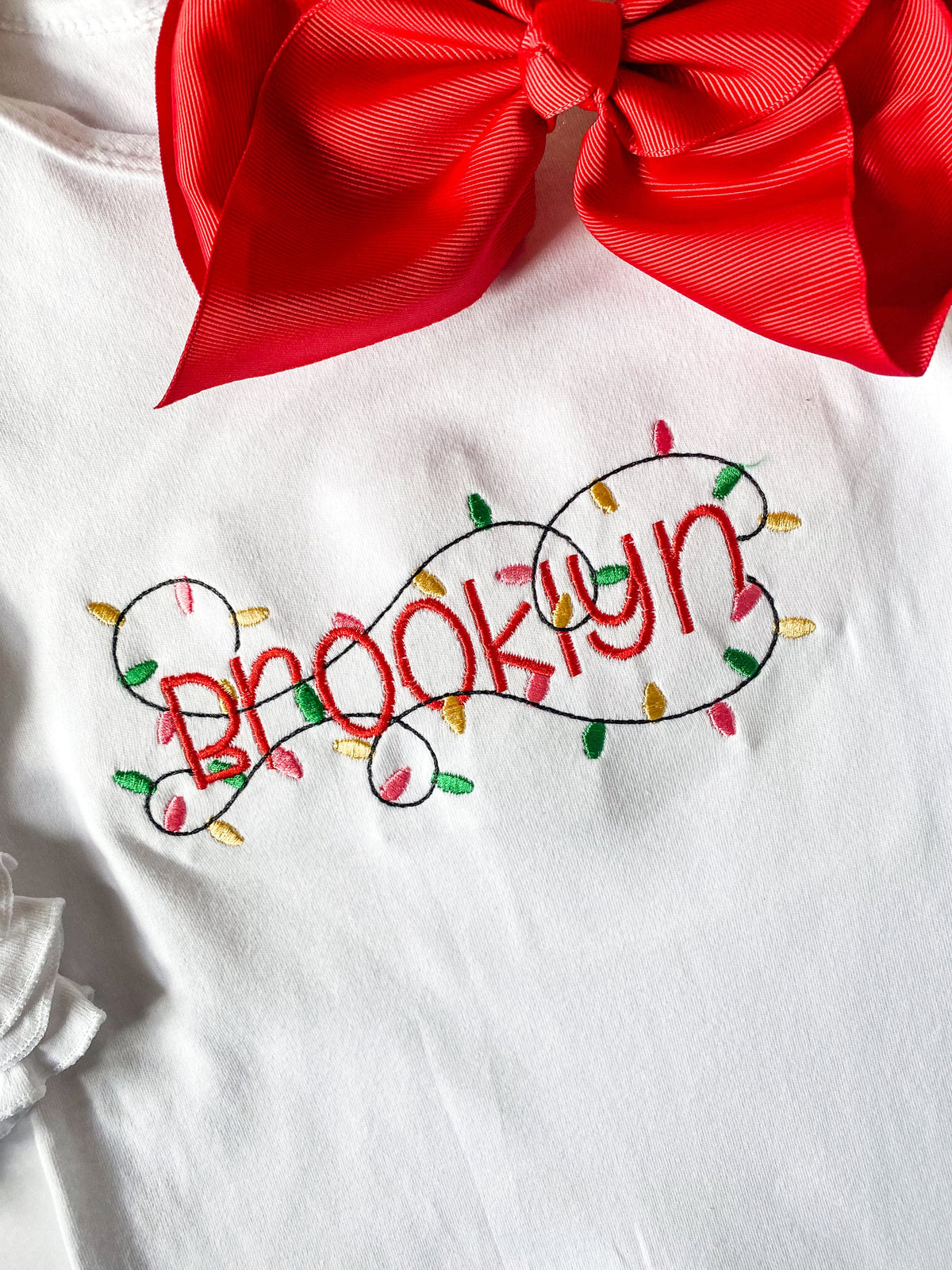 Toddler Baby Girl Monogrammed Christmas Bodysuit, Ruffle Cuff, Cute Christmas Lights Design, Customized Outfit, Babys First Christmas - Savannah Creations