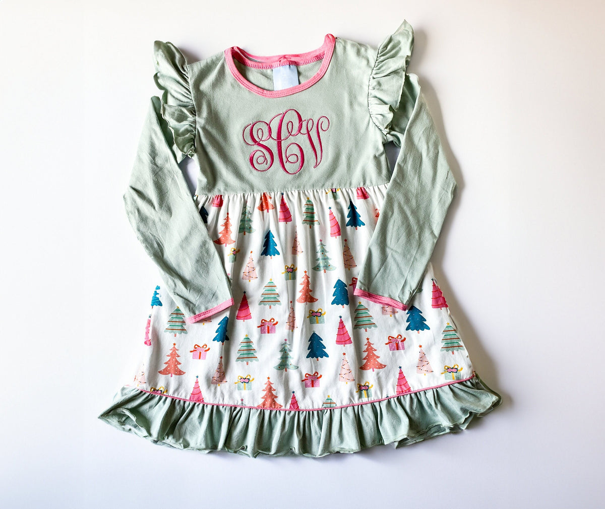 Girl's Festive Christmas Tree Cotton Ruffle Christmas Dress, Custom Design with Monogram - Savannah Creations