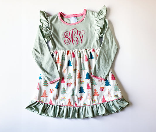 Girl's Festive Christmas Tree Cotton Ruffle Christmas Dress, Custom Design with Monogram - Savannah Creations