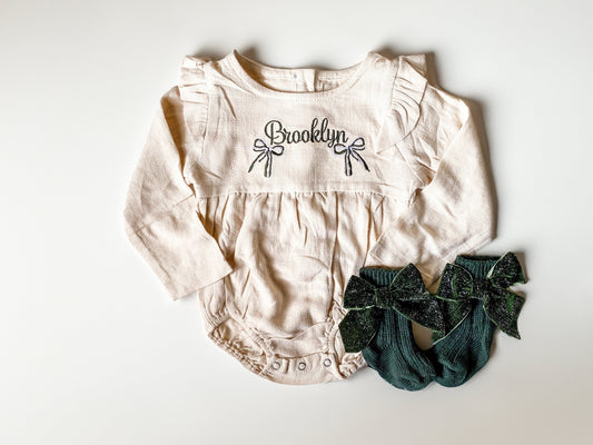Holiday Heirloom: Personalized Ruffle Romper & Bow Socks Set - Savannah Creations