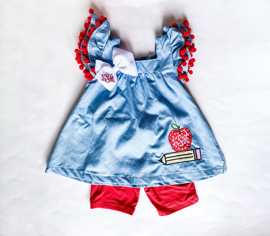 Monogrammed Girls' Back-to-School Pom Pom Dress Set - Savannah Creations