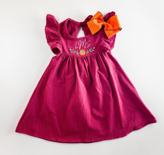 Monogrammed Pumpkin Vine Linen Dress for Girls - Fall Outfit - Savannah Creations