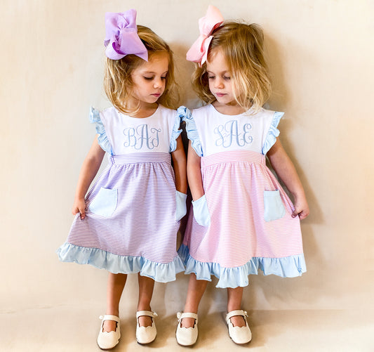 Personalized Girl's Monogrammed Dress with Matching Velvet Bow - Savannah Creations