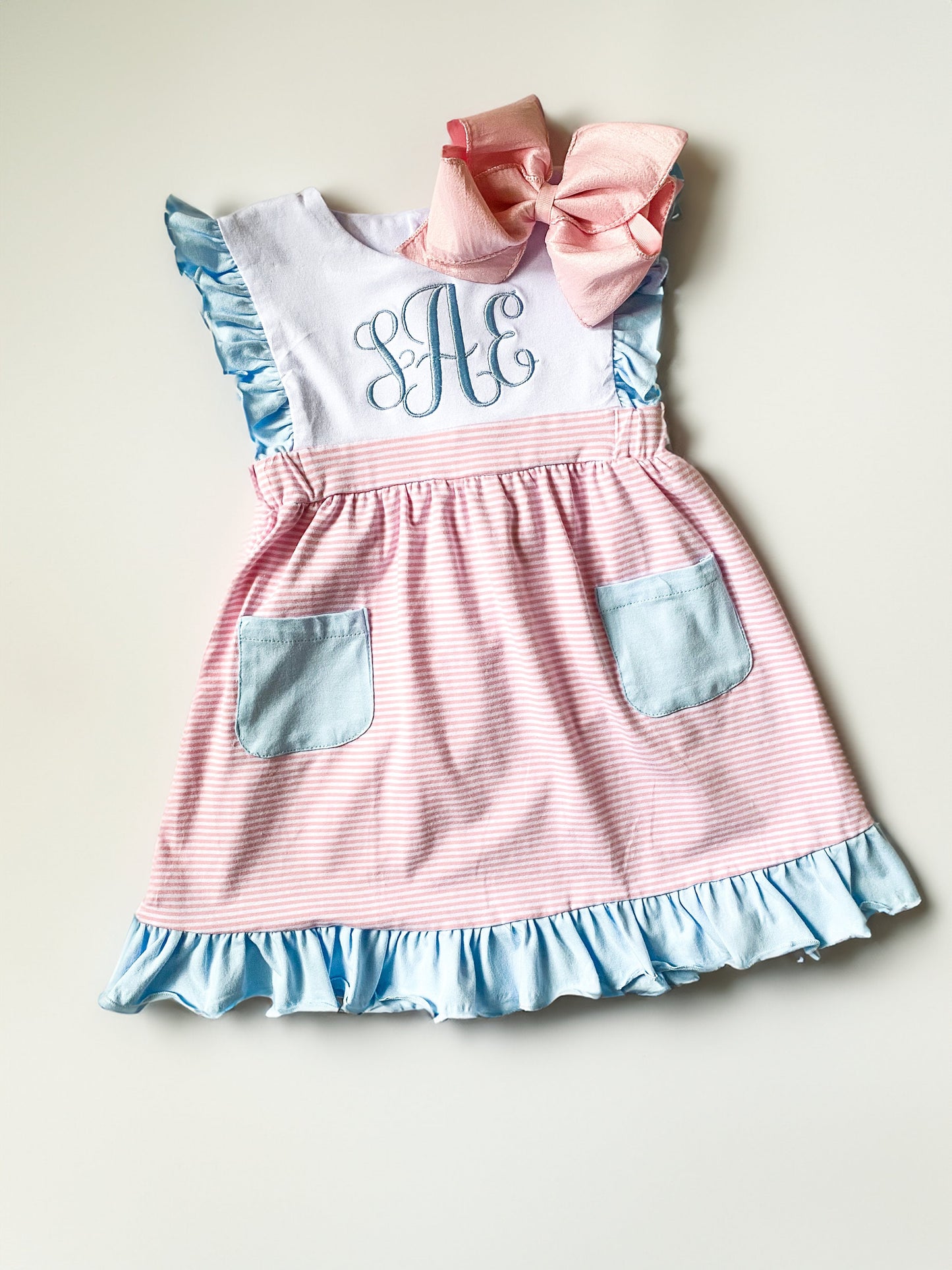 Personalized Girl's Monogrammed Dress with Matching Velvet Bow - Savannah Creations