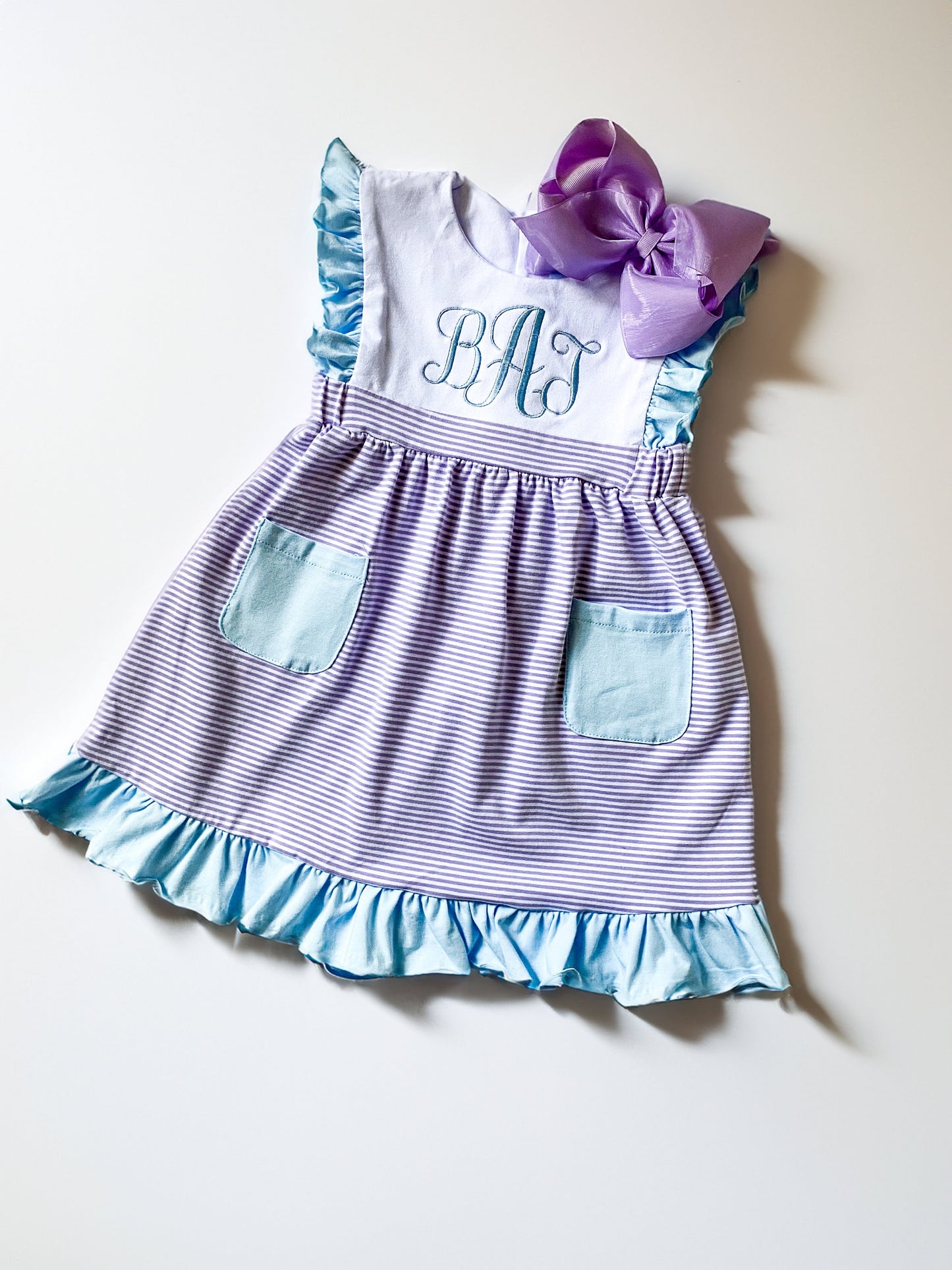Personalized Girl's Monogrammed Dress with Matching Velvet Bow - Savannah Creations