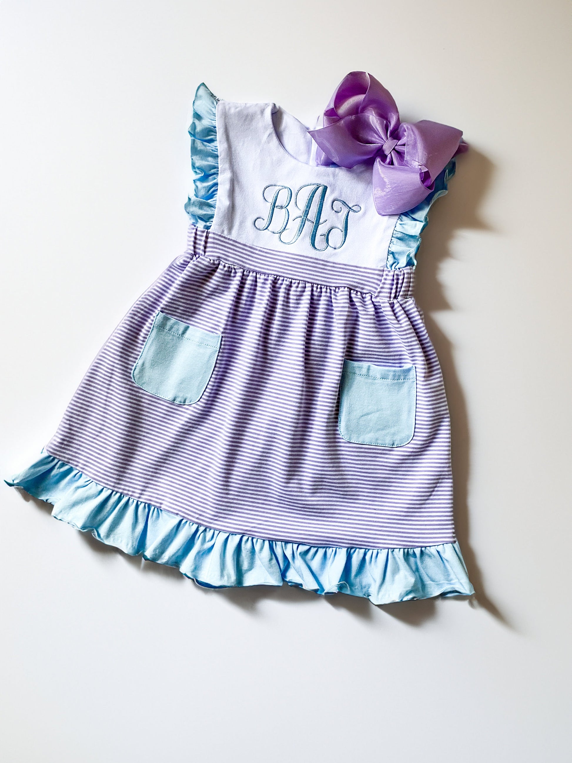 Personalized Girl's Monogrammed Dress with Matching Velvet Bow - Savannah Creations