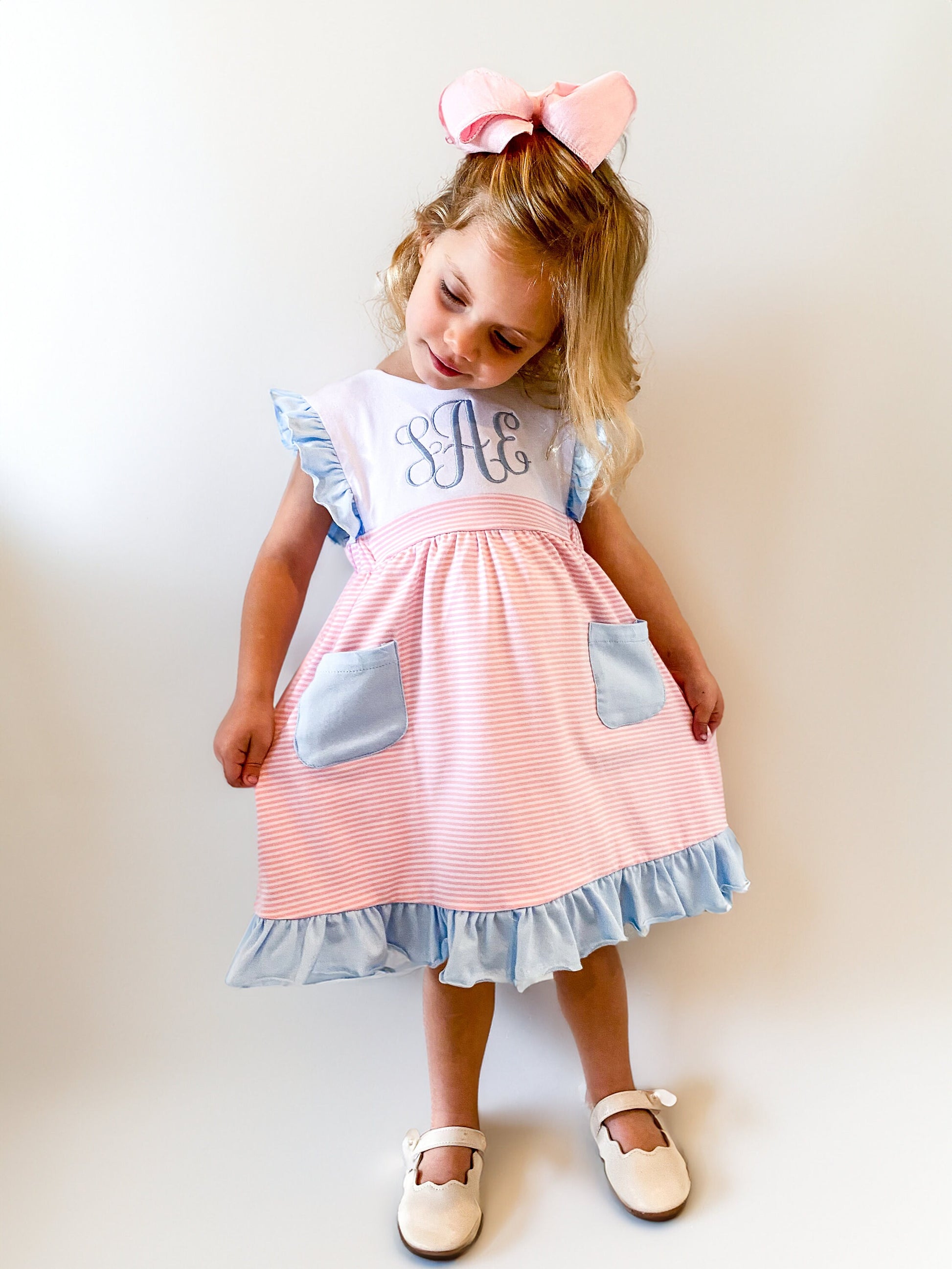 Personalized Girl's Monogrammed Dress with Matching Velvet Bow - Savannah Creations
