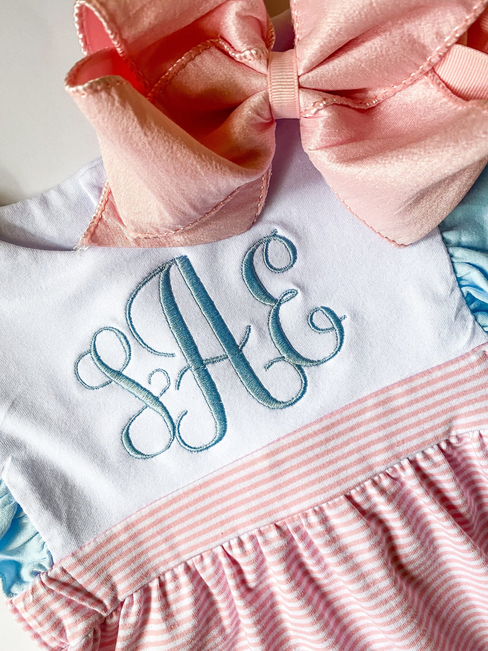 Personalized Girl's Monogrammed Dress with Matching Velvet Bow - Savannah Creations