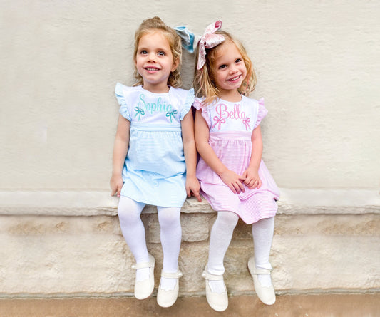 Personalized Monogram Girl's Dress with Matching Velvet Bow - Savannah Creations