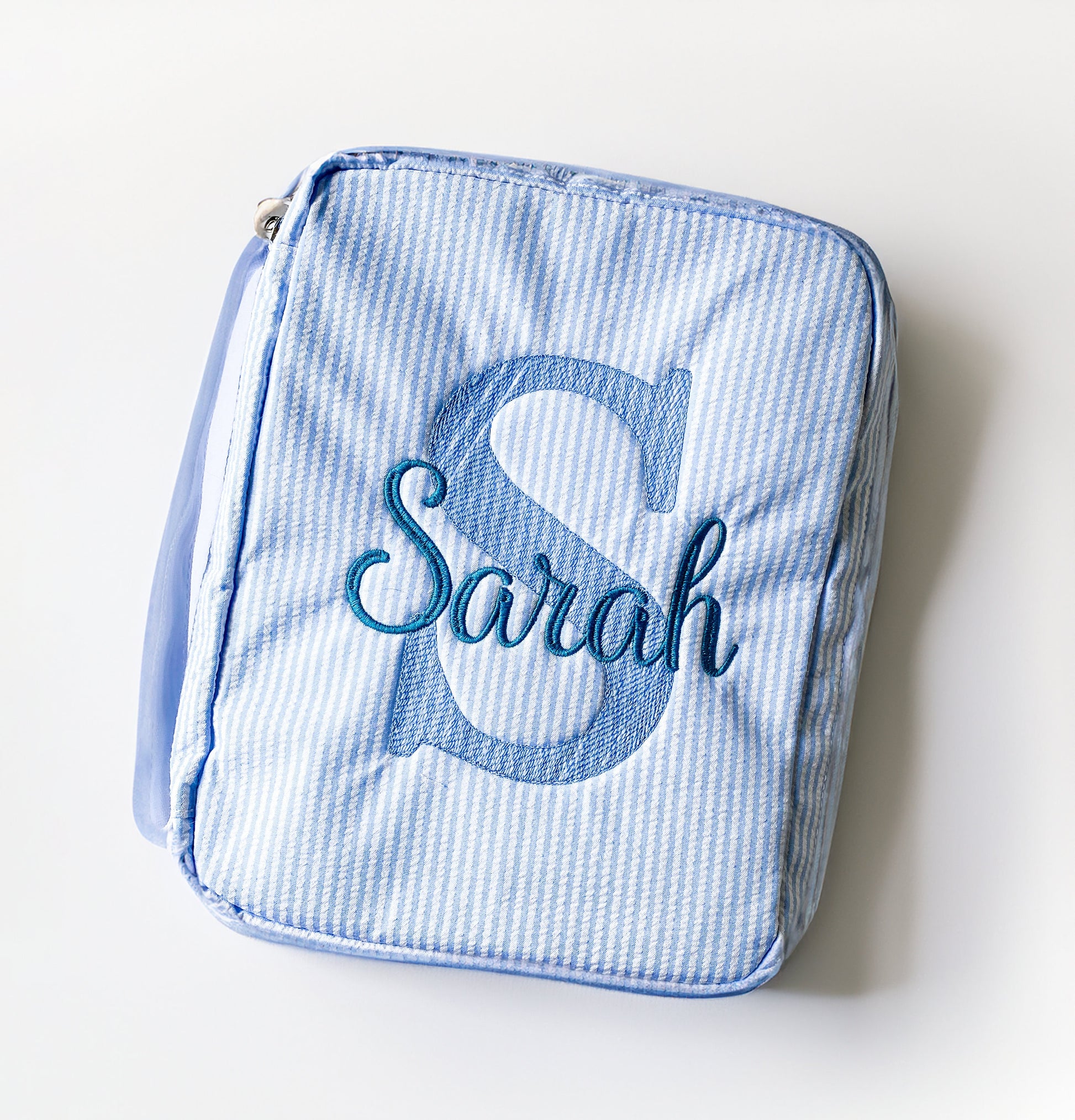 Personalized Seersucker Monogrammed Bible Cover with Zipper Handle - Savannah Creations