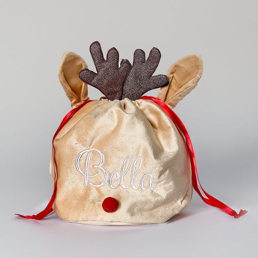 Velvet Reindeer Monogrammed Gift Sack - Savannah Creations