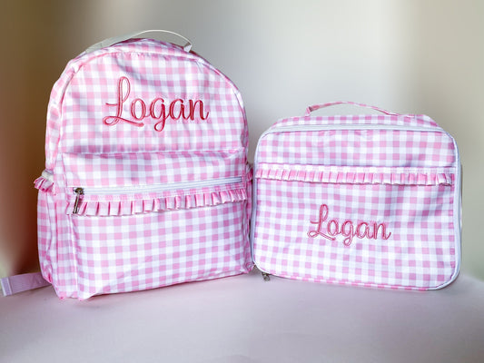 Girl's Monogrammed Gingham Backpack and Lunch