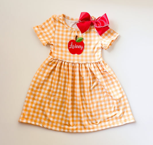 Girls Yellow Checkered Apple Dress